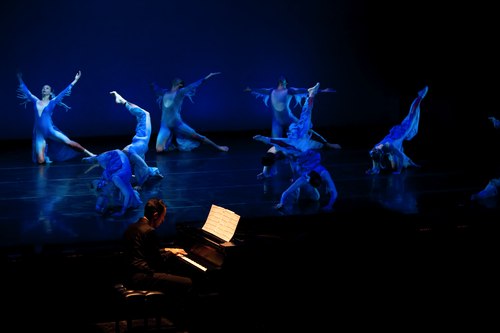 Dance Kaleidoscope company with pianist Spencer Myer in the Water section