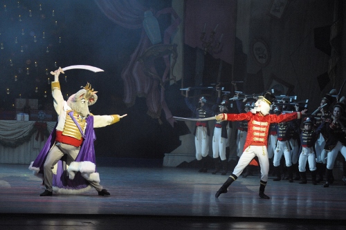 Justin Barbour as the Mouse King and Austin Dowdy as the Nutcracker Doll in IU Ballet Theater's 'The Nutcracker'. Photo courtesy of IU Ballet Theater.
