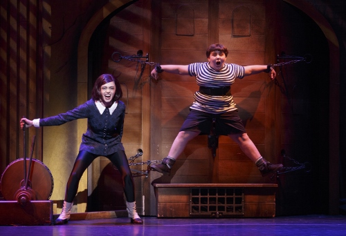Jennifer Fogarty as Wednesday Addams and Jeremy Todd Shinder as Pugsley Addams in the 2013-2014 National Tour of The Addams Family.
