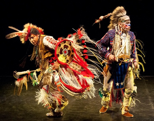 Thunderbird American Indian Dancers' 36th Annual Dance Concert and Pow-Wow at Theater for the New City, NYC, January 28 to February 6, 2011. (L) Carlos Ponce/Eagle Feather (Mayan) and (R) Alan Browne - Shooting Star (Delaware/Dutch)
