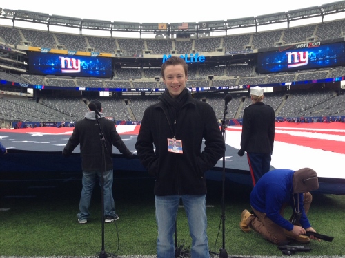 Cory getting ready to sing the anthem for a Giants/49ers game. Photo courtesy of Terry Lingner.