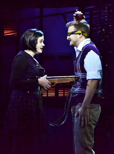 Wednesday Addams (Samantha Russell) and her boyfriend Lucas Beineke (Blake Spellacy) challenge each is “Crazier Than You” in Beef & Boards Dinner Theatre’s production of the musical comedy The Addams Family, now on stage through Nov. 22.