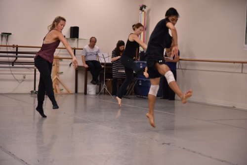 [Foreground] GroundWorks DanceTheater's Michael Marquez, Lauren Garson, and Annika Sheaff. [Background]<br>Composer Oded Zehavi, Violinist Mirabai Weismehl Rosenfeld.