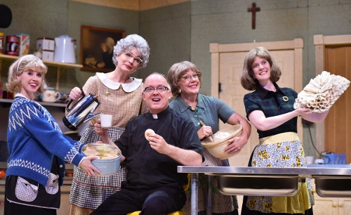 Pastor E.L. Gunderson (Eddie Curry), center, sings with the Lutheran ladies (from left), Signe (Lindsay Sutton), Vivian (Licia Watson), Mavis (Karen Pappas) and Karin (Dawn Trautman) that they’re “Closer to Heaven” in the church basement in the musical comedy 'Church Basement Ladies.' Equal parts silly and sweet, Church Basement Ladies is on stage at Beef & Boards Dinner Theatre through Aug. 21.