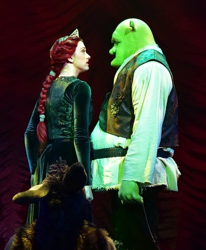 As they try to one up each other in their stories of tragic childhoods, Fiona (Emily Grace Tucker) pauses as she finds she has a lot in common with the ogre Shrek (Peter Scharbrough) who rescued her in Beef & Boards Dinner Theatre’s premiere production of 'Shrek, The Musical.'