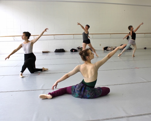 Indianapolis Ballet dancers in a rehearsal of 'Éclat!' -Katherine Sawicki (front), Sarah Marsoobian (left), Rowan Allegra (back center), Abigail-Rose Crowell (back right)