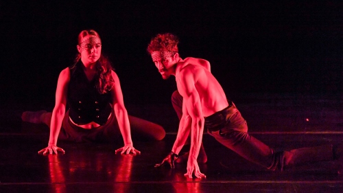 BODYTRAFFIC performing at the Wallis Annenberg Center for the Performing Arts May 31, 2018. A Million Voices (World Premiere). Choreography: Matthew Neenan. (l-r) Haley Heckethorn, Guzmán Rosado.