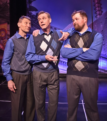 Vernon (David Schmittou), center, finds support from his inner voices (Doug King and Peter Scharbrough) in Beef & Boards Dinner Theatre’s production of They’re Playing Our Song. On stage through Feb. 3, the Neil Simon and Marvin Hamlisch romantic musical comedy opens Beef & Boards’ 46th Season.