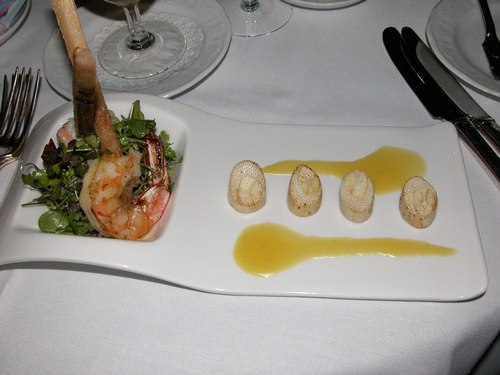 Salad of Roasted Hearts of Palm (Sugar Cane Shrimp, Laughing Duck Micro Greens and Passion Fruit Emulsion)