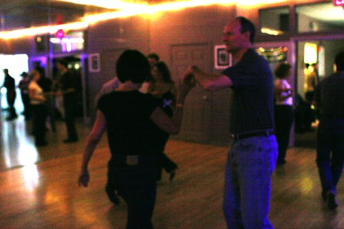 Swing 'n Salsa Party - West Coast Swing Room Camera: ISO 1600, 1/125, 2.8, Brightness adjusted using Curves in Photoshop