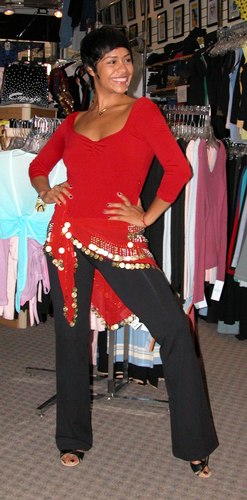 Sleek Red and Black Outfit with a Belly Dance Accent. Modeled by Talia Castro-Pozo. Available at <a href='http://www.onstagedancewear.com'>OnStageDancewear.com</a>.