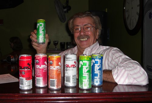 DJ Wes Carrajat and several cans of Guru, a new energy drink