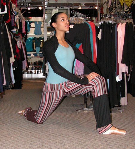 Kimberly is wearing Striped Pants from Harmonie, Style HVS04, $39.95; a Black American Ballet Theater Wrap, $49.99; and a Mint Green Leotard from Motionware, Style 2626, $39.99. Available at <a href='http://www.onstagedancewear.com'>OnStageDancewear.com</a>.