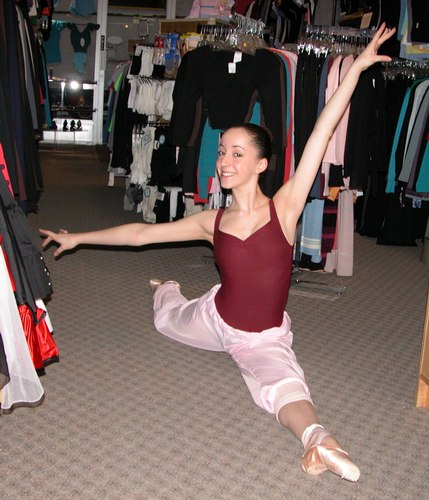 Emma is wearing a maroon galate by Wear Moi with Meryl Microfibre, $39.99; and light pink pants by Body Wrappers, Style 701, $24.99. Available at <a href='http://www.onstagedancewear.com'>OnStageDancewear.com</a>.