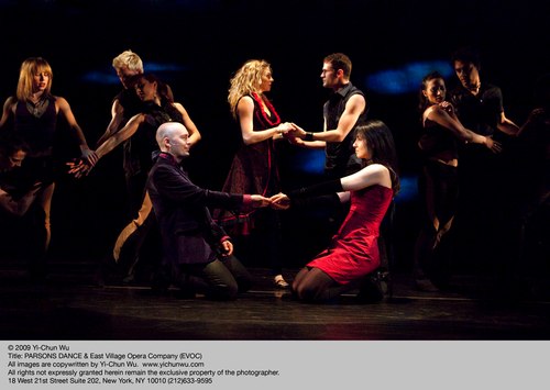 Parsons Dance / East Village Opera Company in 'Remember Me' Members of Parsons Dance Center back, holding hands – Abby Silva, Zac Hammer Center front, holding hands – Tyley Ross, AnnMarie Milazzo 
