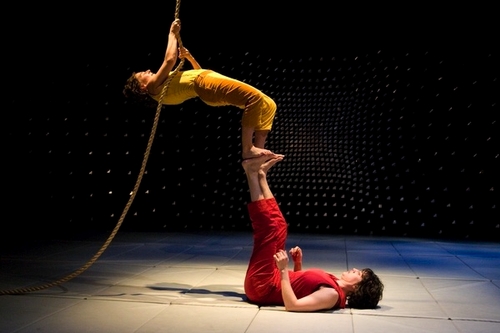 The LAVA dance company perform their show 'We Become' in a dress rehearsal at the Brooklyn Lyceum in Brooklyn on February 11, 2009. Pictured here are Molly Chanoff, top, and Lollo.