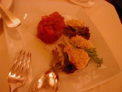 Cubed Tuna Tartar with Polenta-Dusted Fried Oysters