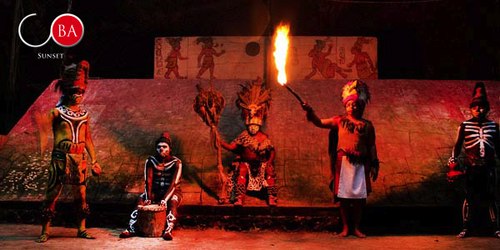 The Maya Fireball Game performers from Tihosuco Yucatan on stage at the outdoor theater